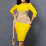 Colorblock Long Sleeve Knotted Midi Dress