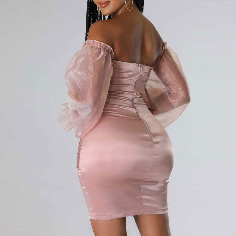 Solid Off Shoulder Mesh Sleeve Button Detailed Bodycon Dress