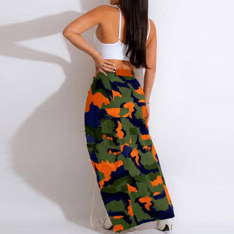 Camouflage Print High Slit Skirt