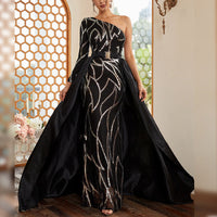 Rhinestone Sequins Oblique Shoulder One Sleeve Train Evening Dress