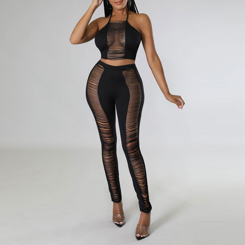 Solid Halter Cut Out Tube Top & Pants Set