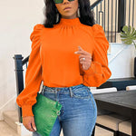 Solid Puff Sleeve Back Tied Blouse