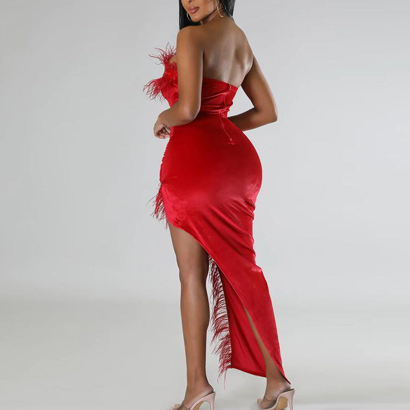 Solid Bandeau Feather Design High Slit Dress