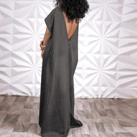 Denim Back V-Shaped Short Sleeve Maxi Dress