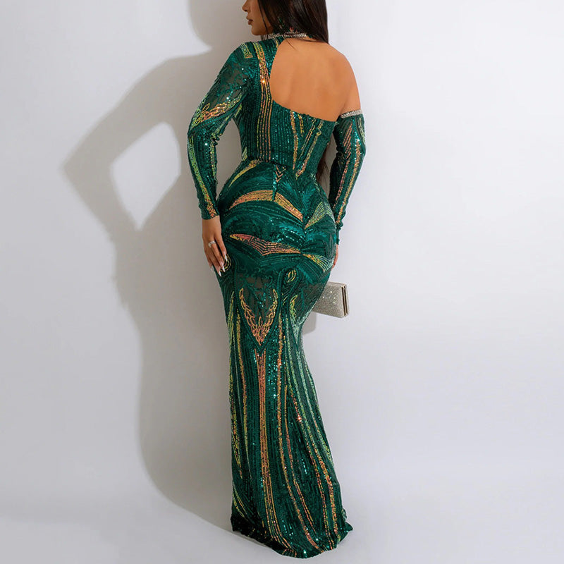 Sequins Halter Long Sleeve Lace Patchwork Evening Dress