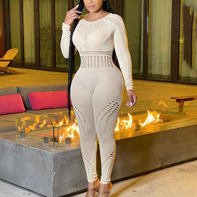 Solid Long Sleeve Hollow Out See Through Jumpsuit