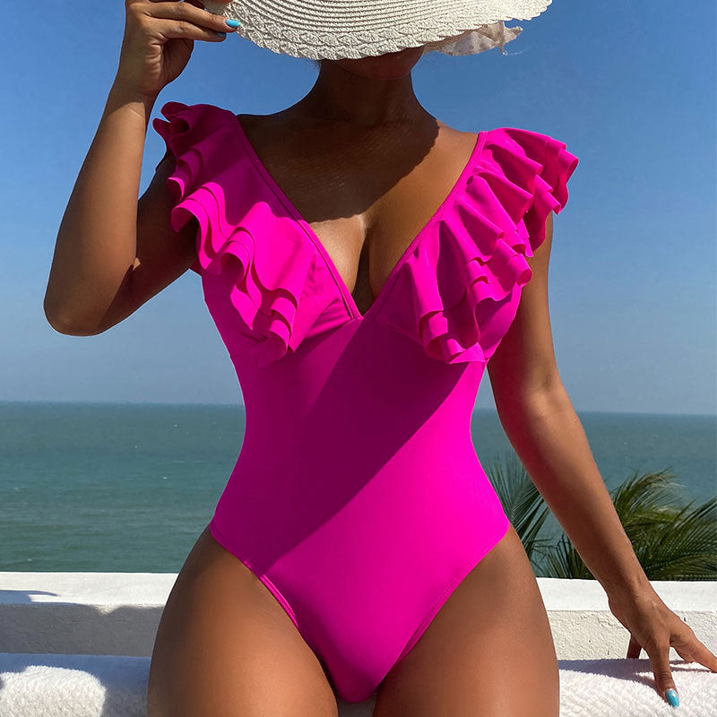 Solid Ruffle V-Neck One Piece Swimsuit
