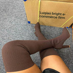 Solid Pointed Toe Knitted Knee High Boots