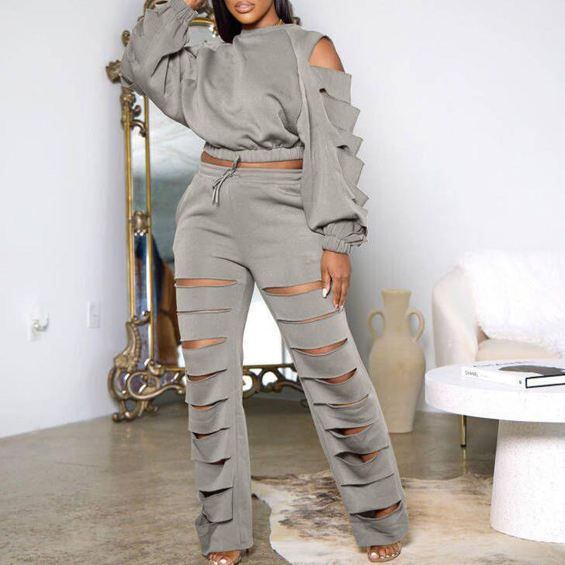 Casual Long Sleeve Cut Out Top & Pants Set