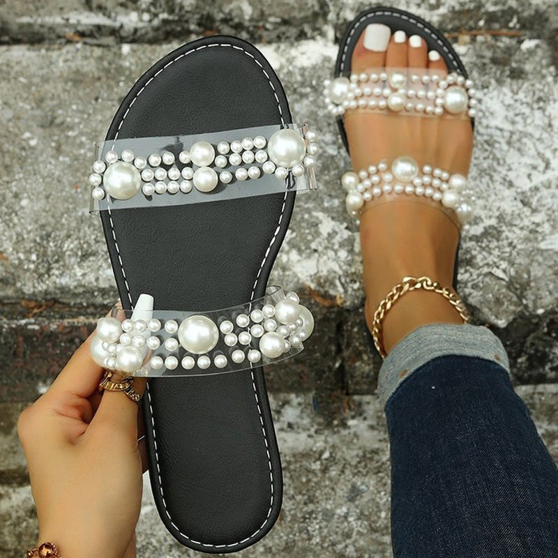 Pearls Decor Clear Double Strap Beach Slippers