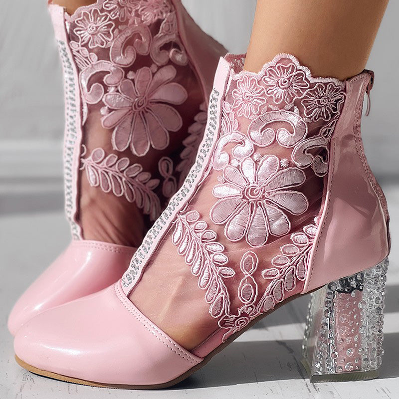 Floral Embroidery Clear Chunky Heel Boots