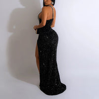 Sequins Beaded Oblique Shoulder High Slit Maxi Dress