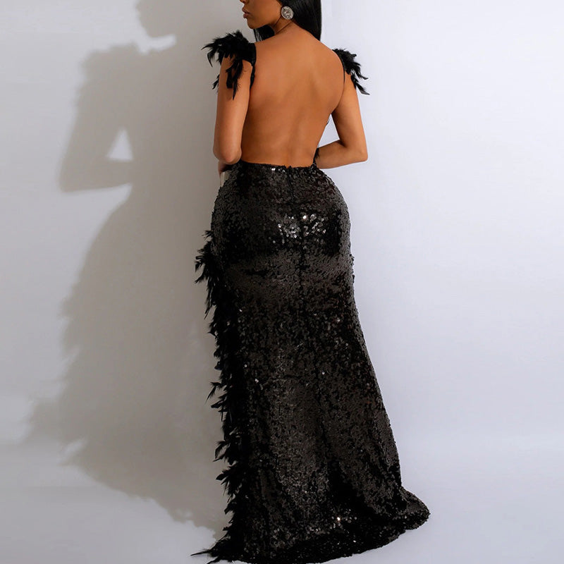 Sequins V-Neck Feather Design Backless High Slit Maxi Dress