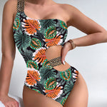Leaf Print One Shoulder Hollow Out One Piece Swimsuit
