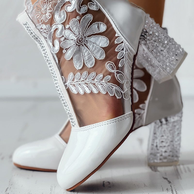 Floral Embroidery Clear Chunky Heel Boots