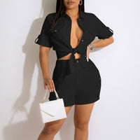 Solid Short Sleeve Button Detailed Top & Shorts Set