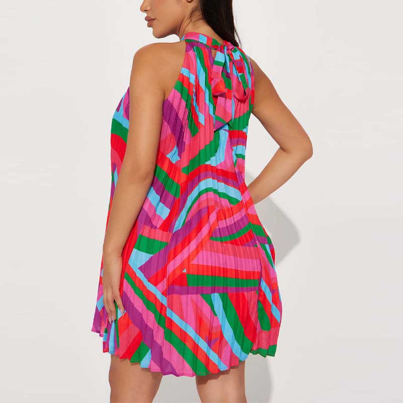 Print Halter Sleeveless Pleated Mini Dress