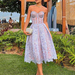 Solid Bandeau Floral Pattern Lace Big Swing Dress