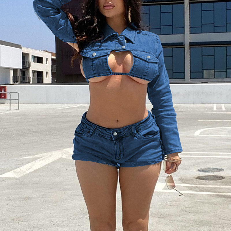 Solid Long Sleeve Cut Out Denim Tube Top & Shorts Set