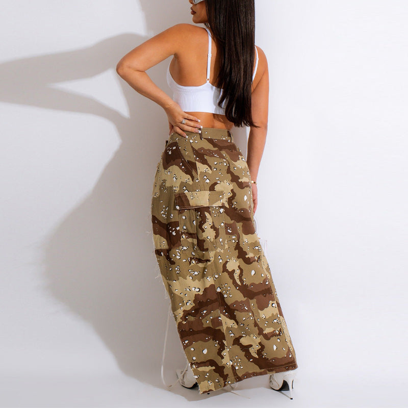 Camouflage Print High Slit Skirt